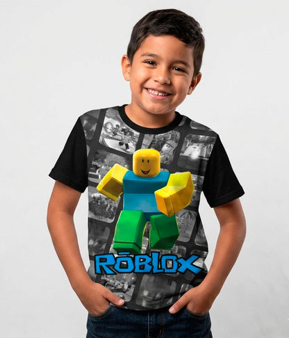 Niño usando la camiseta Roblox Video Gamer en color negro con estampado digital de alta calidad