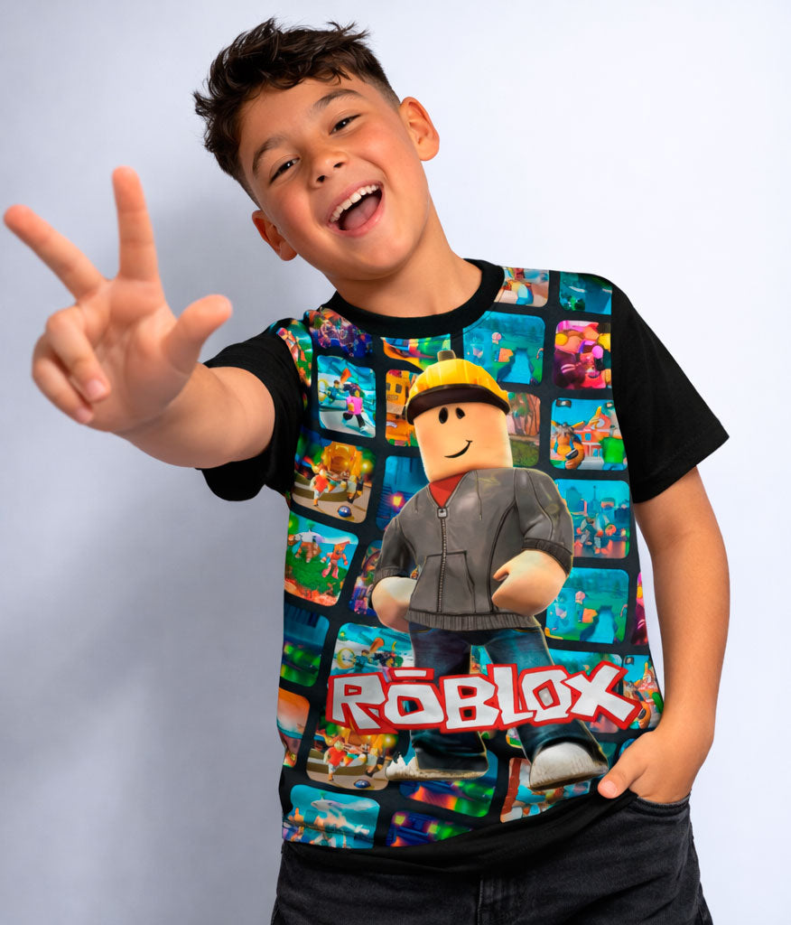 Camiseta estampada de Roblox para niños en tela de alta calidad con mangas negras y cuello redondo