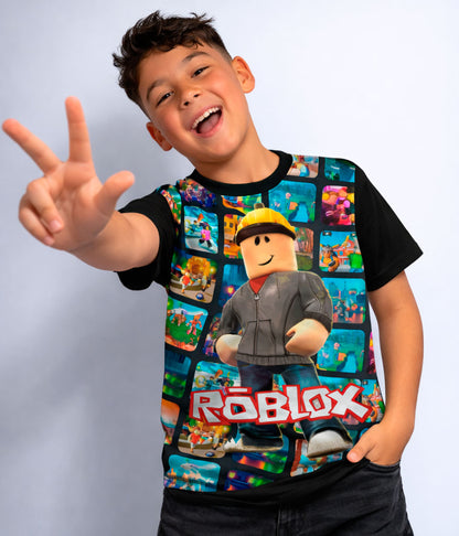 Camiseta estampada de Roblox para niños en tela de alta calidad con mangas negras y cuello redondo