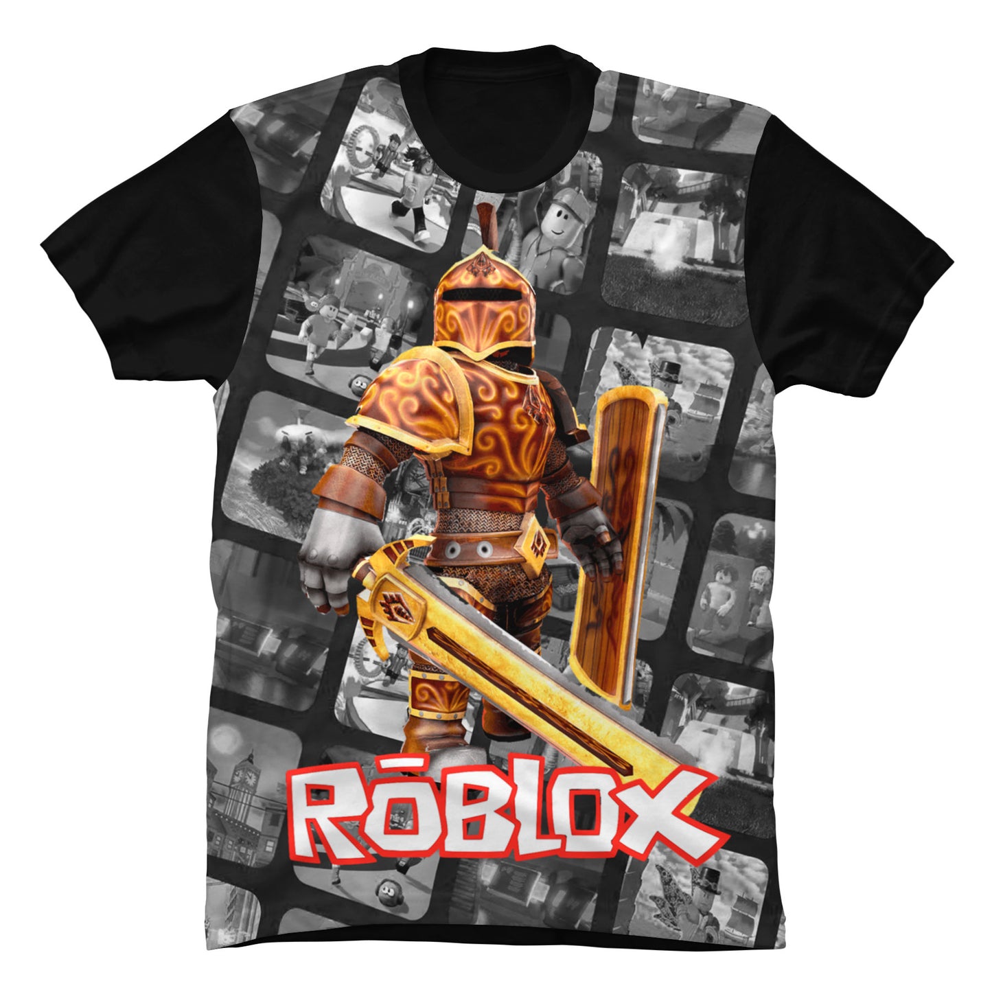Camiseta negra de Roblox con estampado de personajes clásicos del videojuego y fondo de colores