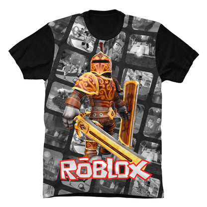 Camiseta negra de Roblox con estampado de personajes clásicos del videojuego y fondo de colores