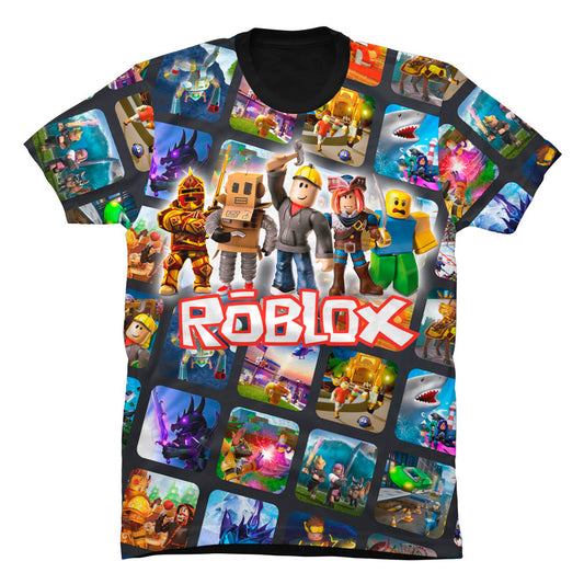 Camiseta de Roblox color negro con estampado de diversos personajes y skins populares del videojuego