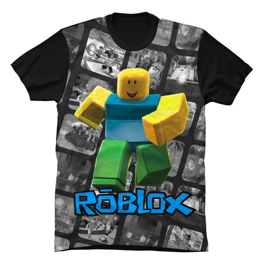 Camiseta negra de Roblox con estampado central de múltiples personajes tipo avatar y texto Video Gamer