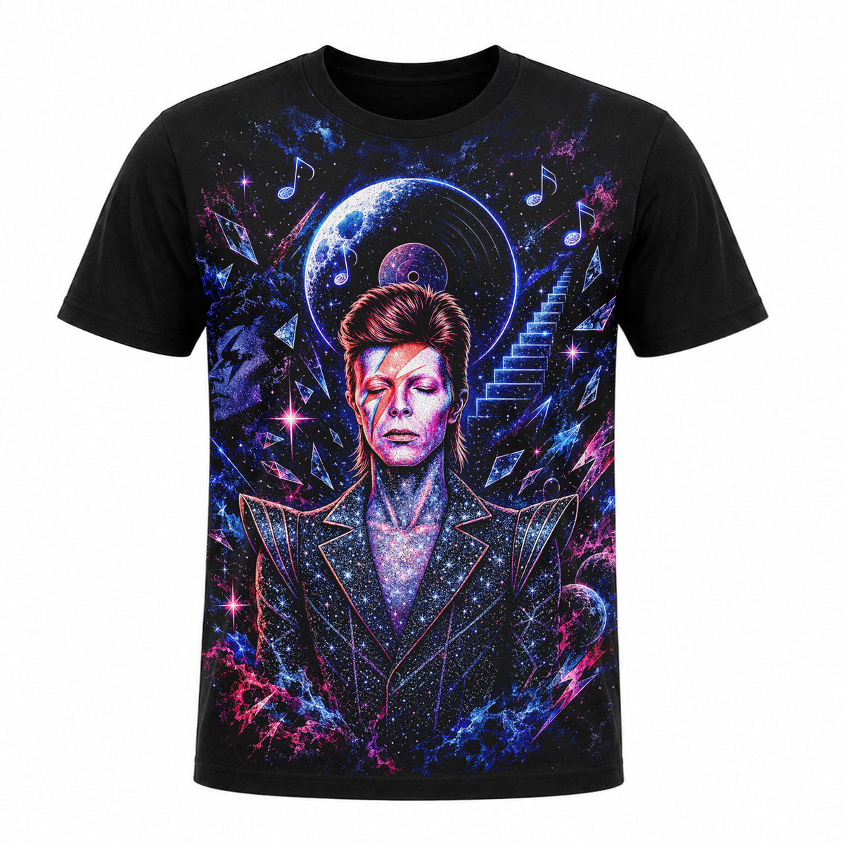 Camiseta en Tela Premium de 180grs con ilustración de la Camiseta Rock David Bowie Starman.