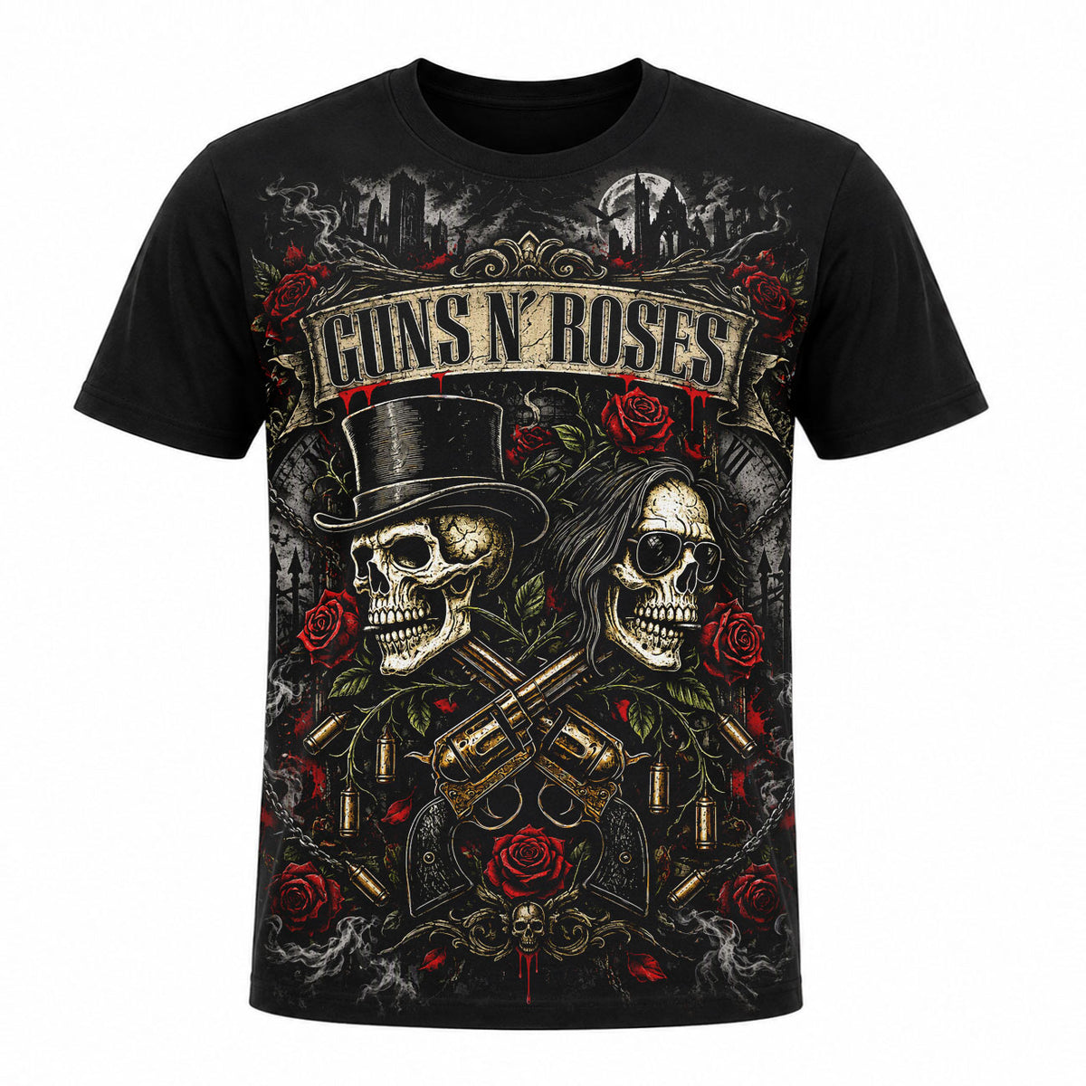 Camiseta en Tela Premium de 180grs con ilustración de la Camiseta Rock Guns N' Roses Calaveras.
