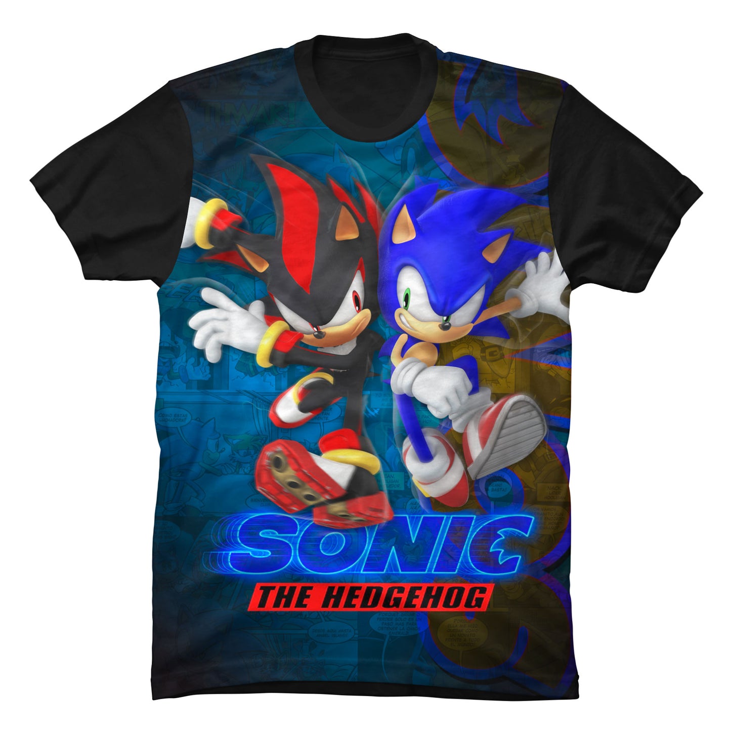 Primer plano del estampado de alta definición de Sonic y Shadow sobre tela de algodón 100% de alta calidad
