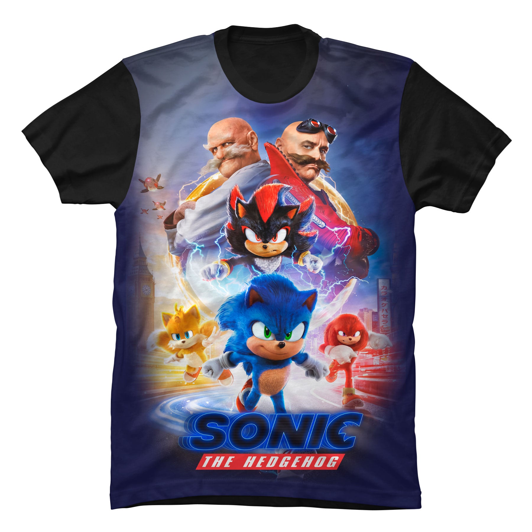 Camiseta negra de algodón para niños con el diseño oficial inspirado en Sonic La Película 3.