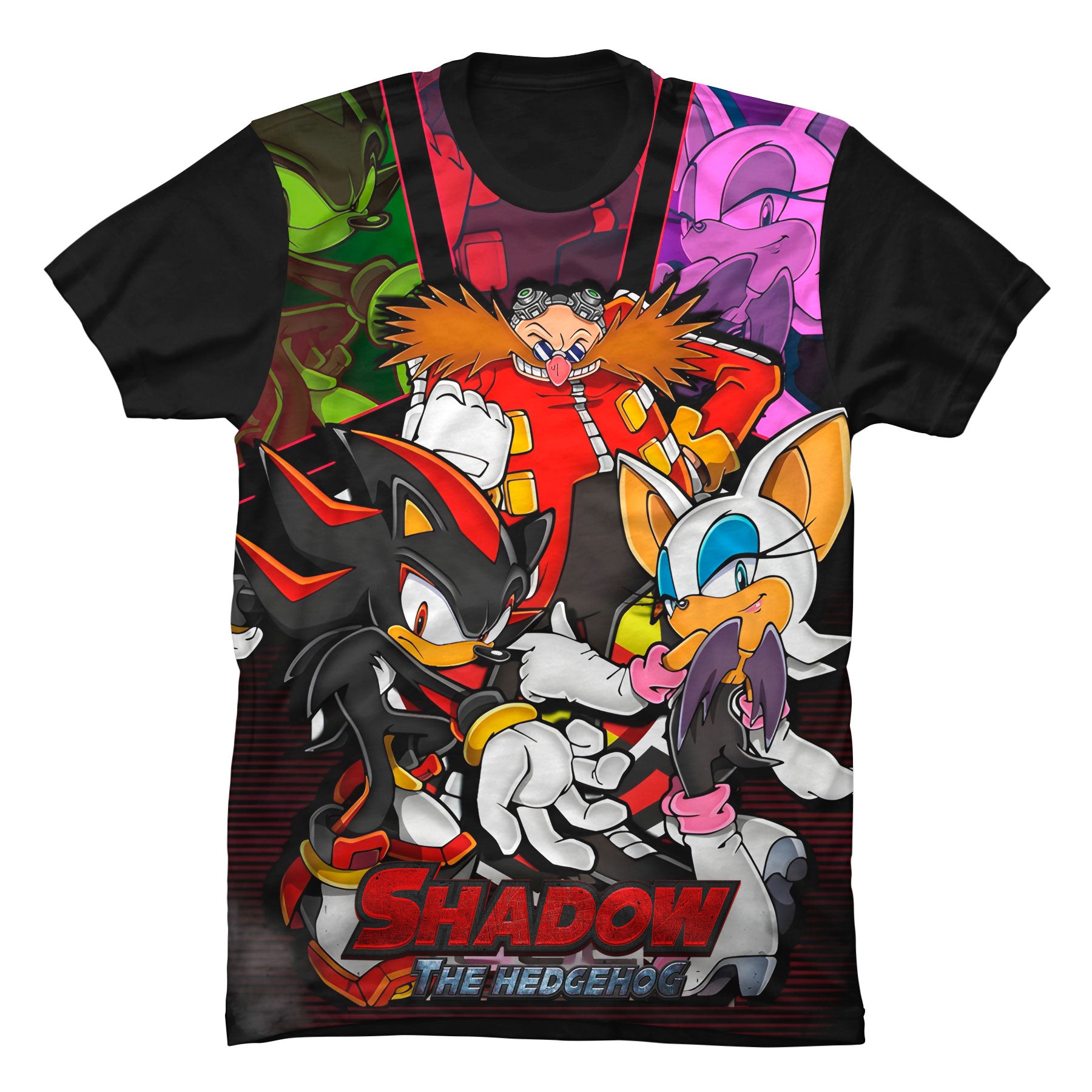 Camiseta negra de algodón para niños con diseño gráfico de Shadow the Hedgehog junto a sus aliados del Team Sonic.