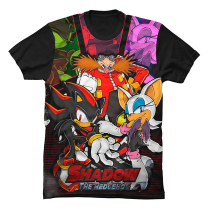 Camiseta negra de algodón para niños con diseño gráfico de Shadow the Hedgehog junto a sus aliados del Team Sonic.