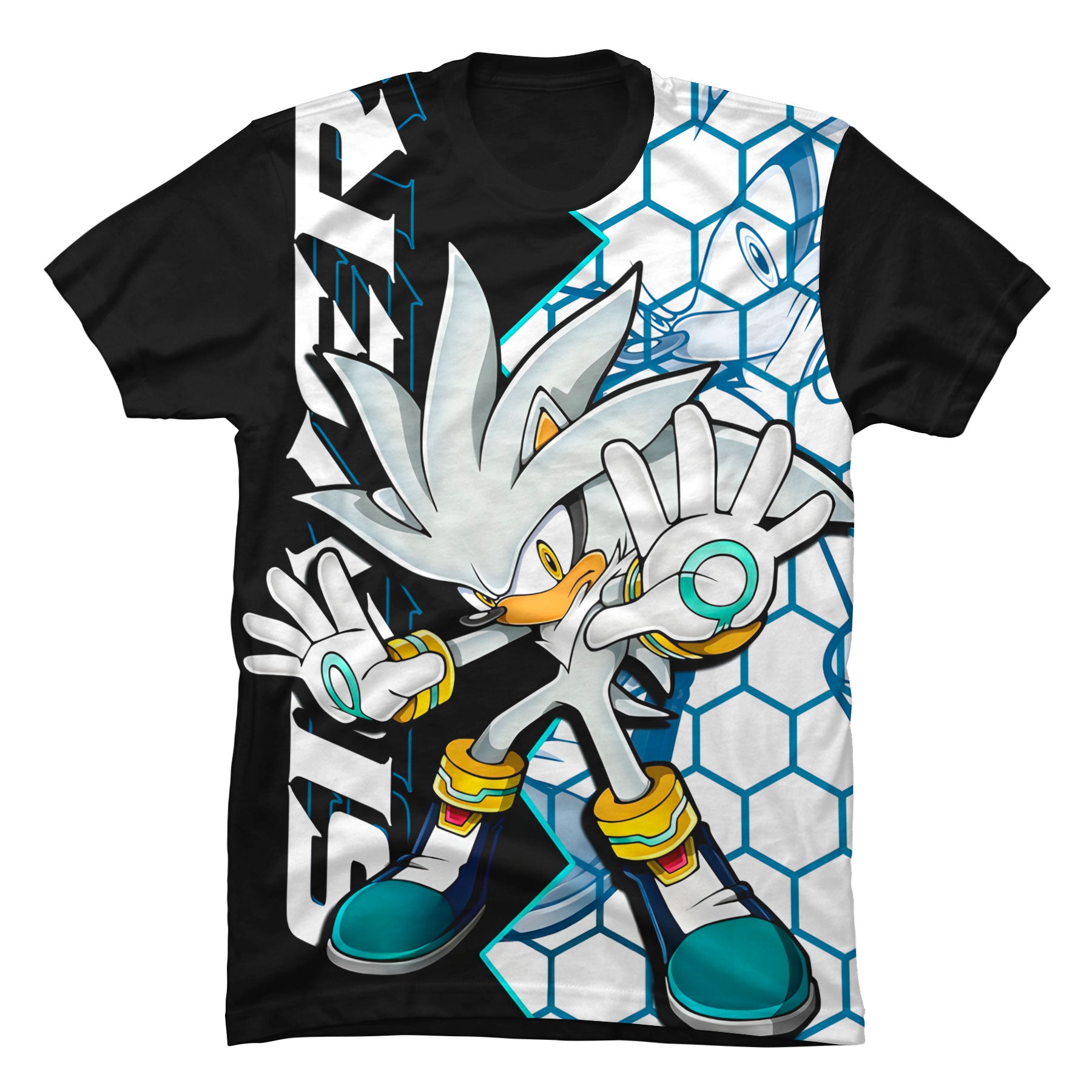 Camiseta negra de algodón para niños con diseño gráfico de Silver the Hedgehog usando sus poderes psíquicos.