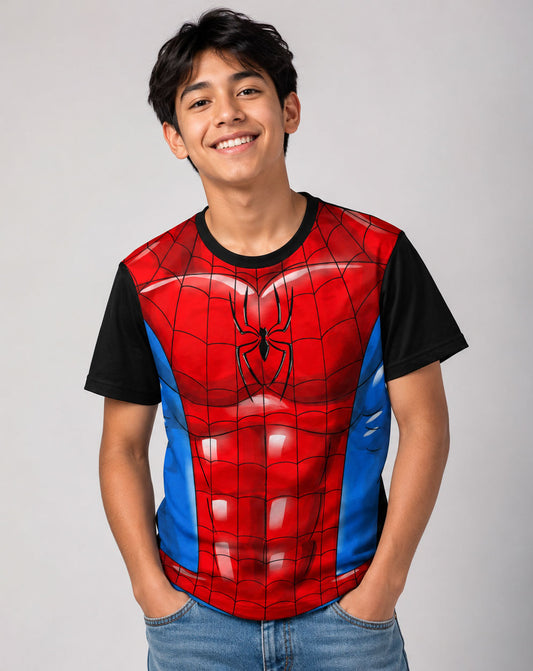 Modelo luciendo de forma casual la camiseta tipo traje de Spiderman Marvel en un outfit urbano streetwear