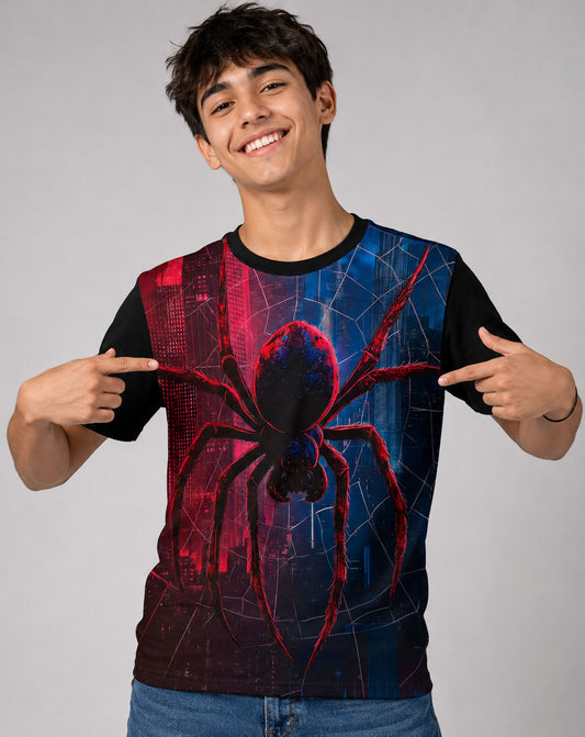 Modelo luciendo la Camiseta Spider-Man Diseño Super Araña en un outfit urbano streetwear.