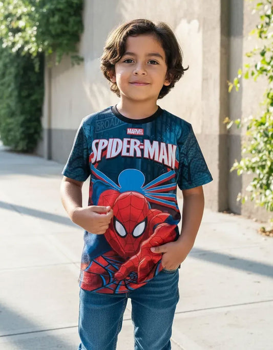 Niño luciendo camiseta Spider-Man Marvel diseño moderno.