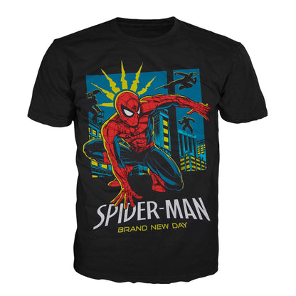 Camiseta negra de Spider-Man película New Day 2026 estampada en tela piel de durazno de 180 gramos.