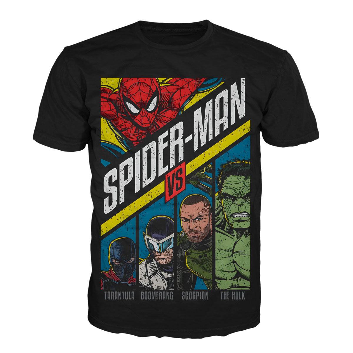 Camiseta negra en Tela Piel de Durazno 180grs con diseño gráfico a color de Spider-Man enfrentando a sus villanos edición 2026