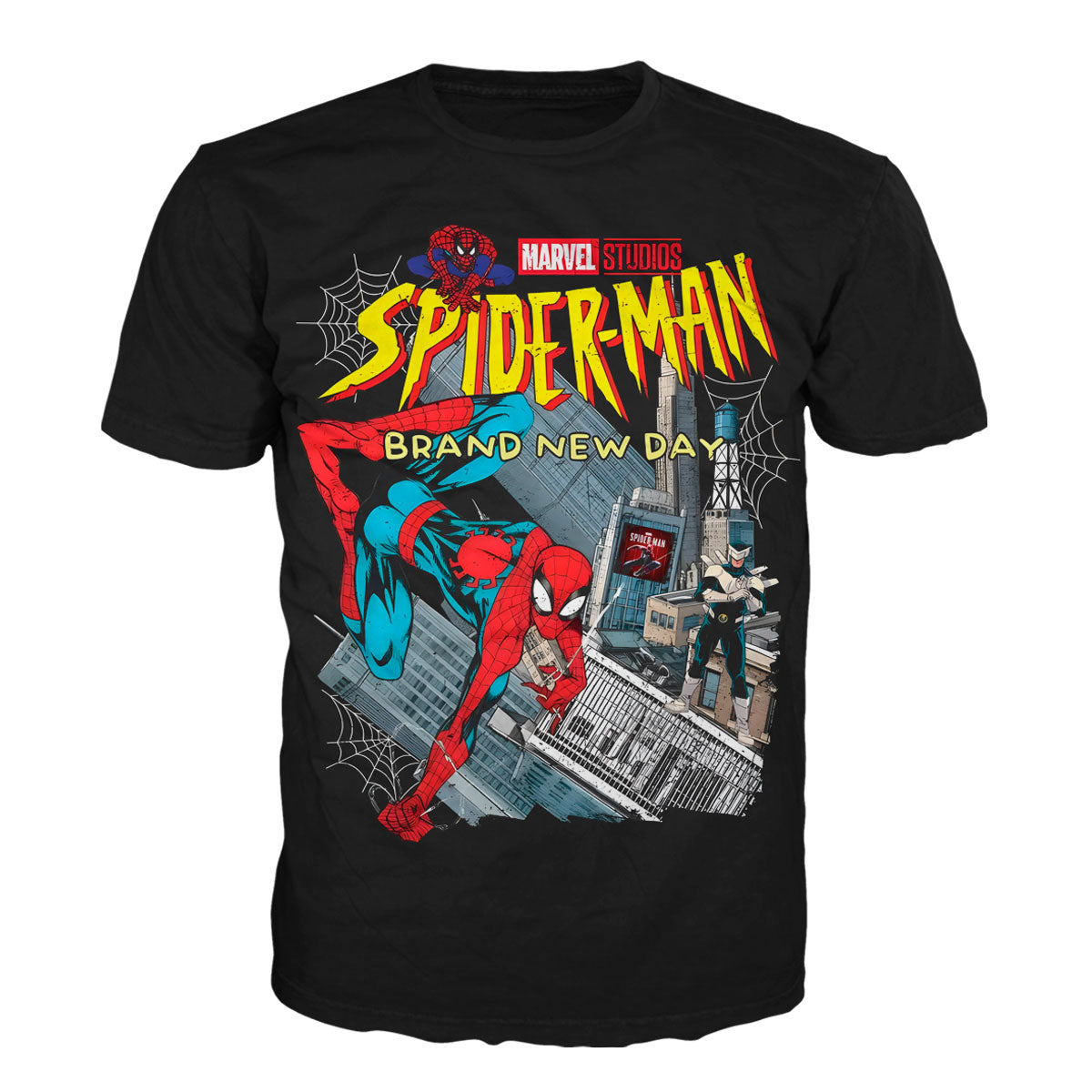 Camiseta negra clásica en Tela Piel de Durazno 180grs con el diseño gráfico central de Spider-Man Brand New Day 2026