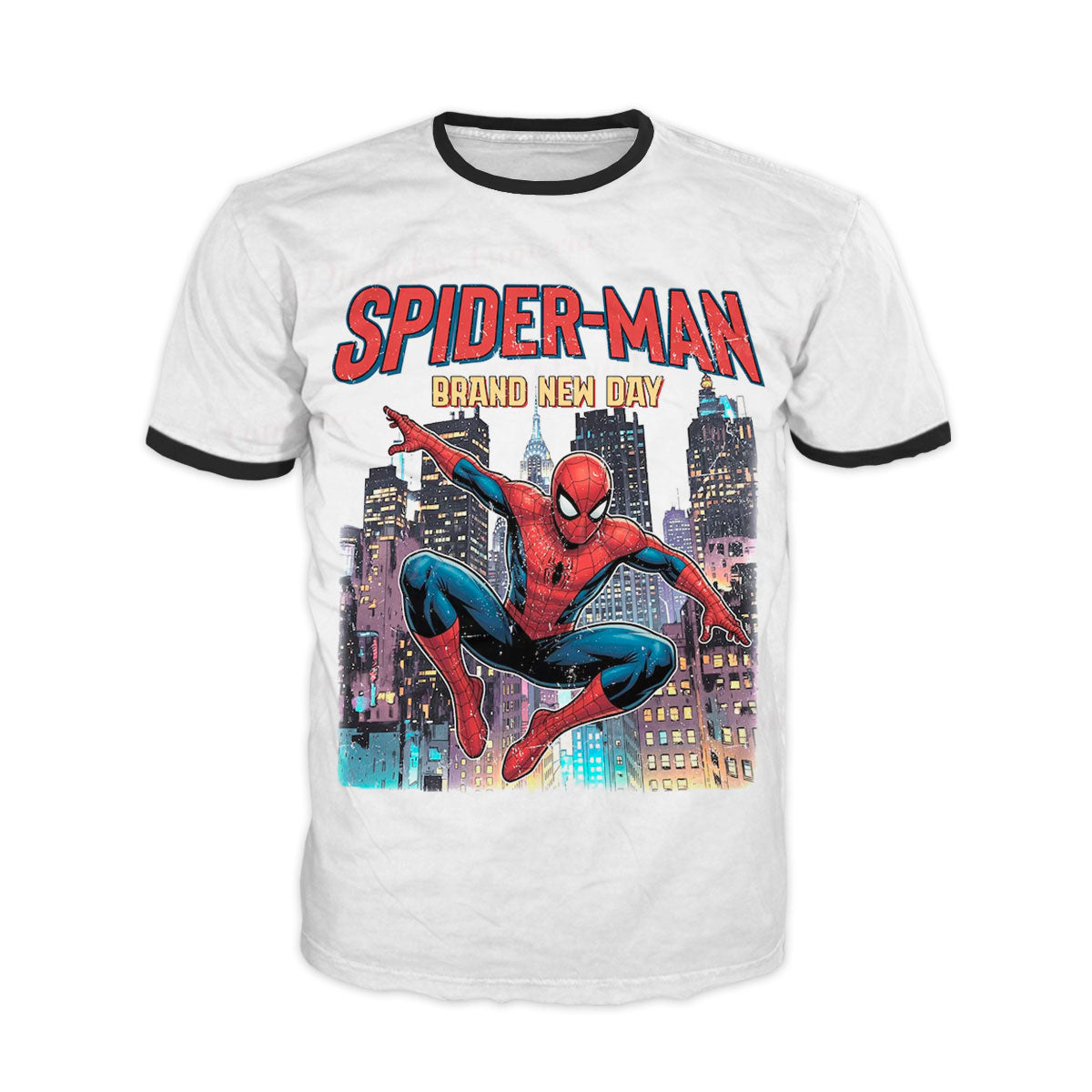 Camiseta retro ringer blanca con cuello y puños negros en Tela Piel de Durazno 180grs con estampado de Spider-Man Brand New Day 2026
