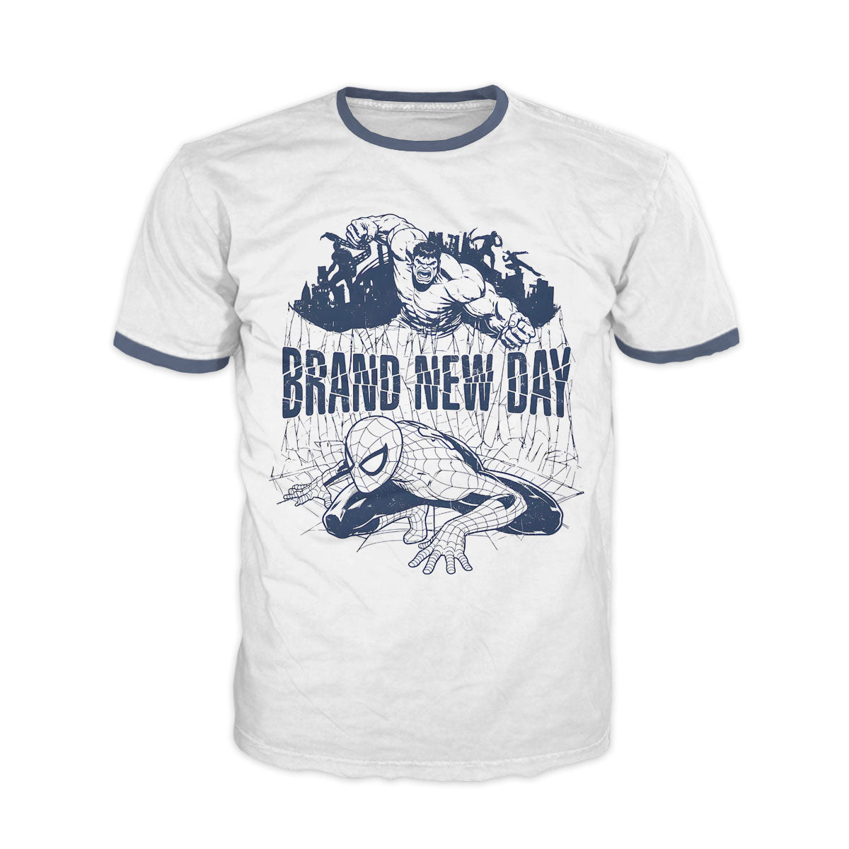 Camiseta modelo Ringer unisex con bordes en contraste y diseño estampado a color de Spider-Man edición 2026 en Tela Piel de Durazno 180grs