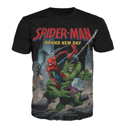 Camiseta negra en Tela Piel de Durazno 180grs con diseño gráfico a color de Spider-Man y Hulk edición Brand New Day 2026