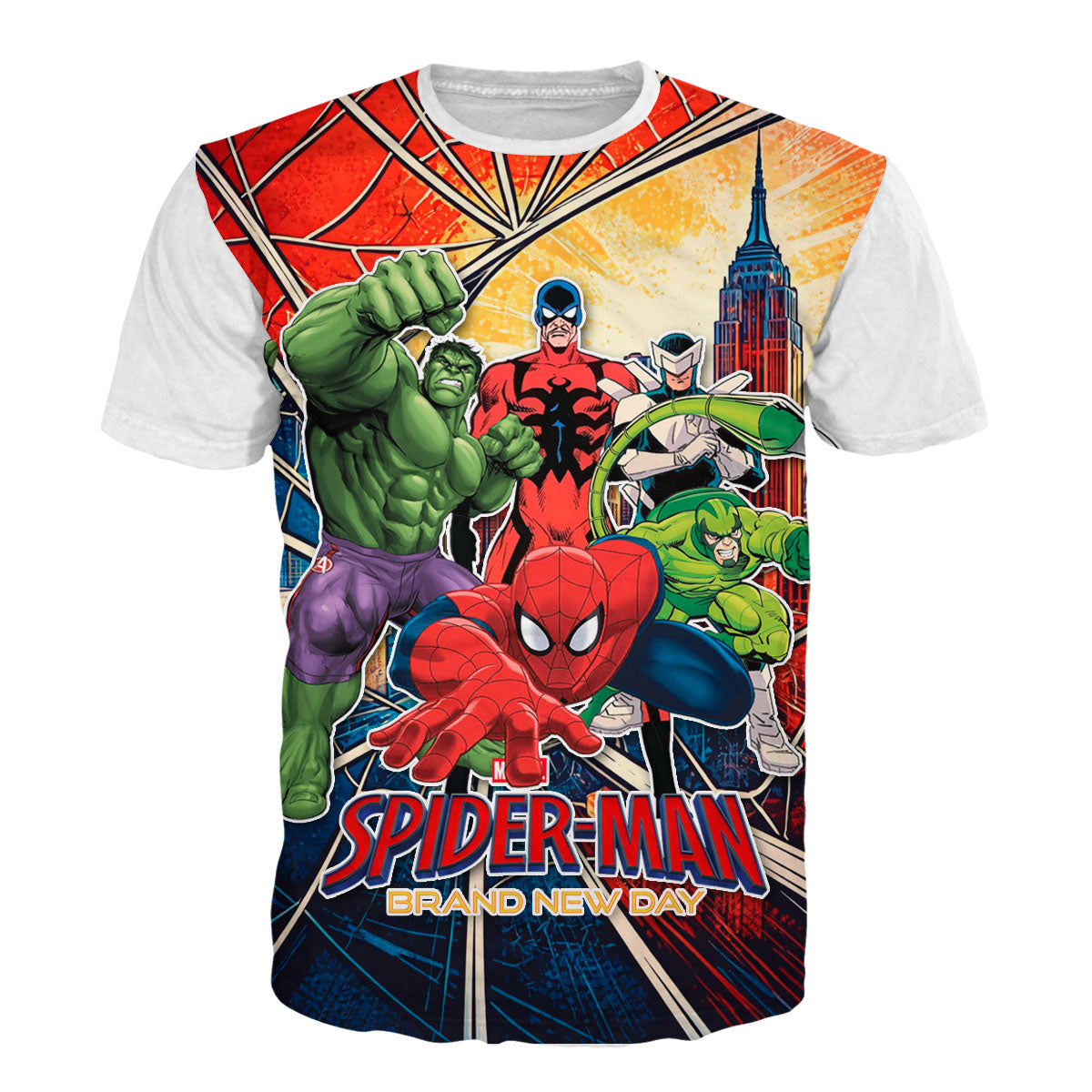 Camiseta infantil blanca de Spider-Man 2026 Kids La Película en Tela Piel de Durazno 180grs sobre fondo neutro