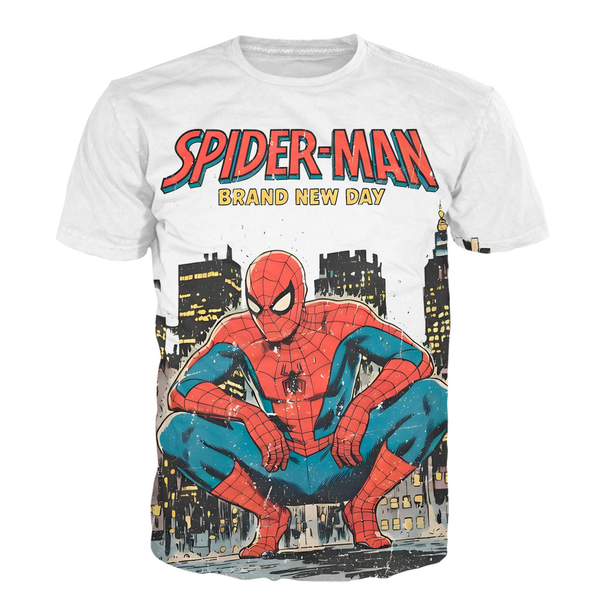 Camiseta blanca en Tela Piel de Durazno 180grs con diseño gráfico a todo color del Hombre Araña Nuevo Día 2026.
