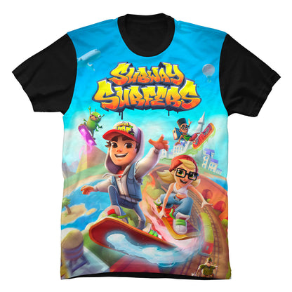 Camiseta negra en Tela Piel de Durazno 180grs con diseño gráfico a todo color inspirado en los personajes y graffitis de Subway Surfers