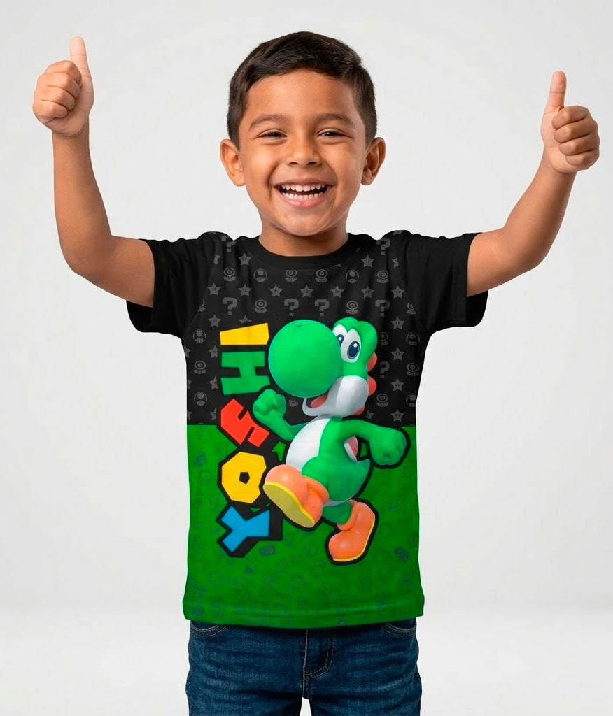 Camiseta negra de algodón para niños con el diseño de Yoshi, el dinosaurio verde de Super Mario, saludando.