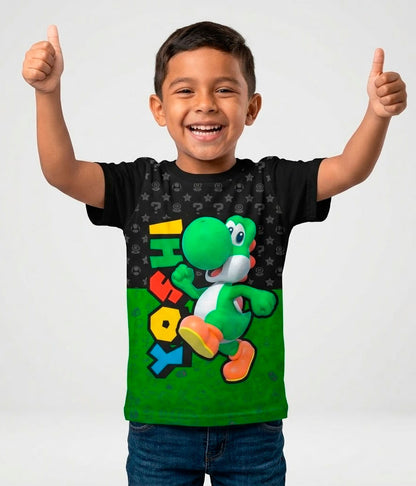 Camiseta negra de algodón para niños con el diseño de Yoshi, el dinosaurio verde de Super Mario, saludando.