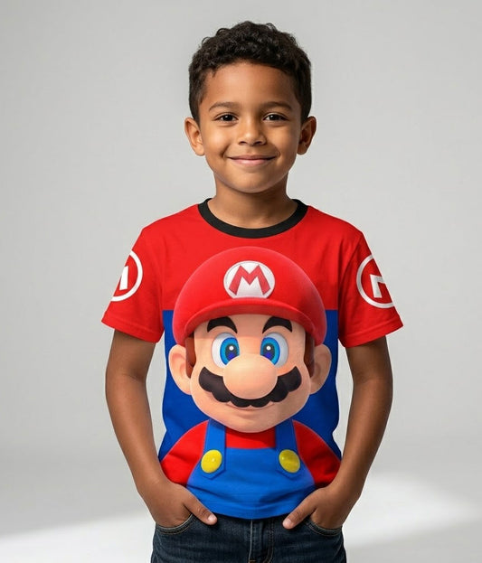 Camiseta de Super Mario Bros color negro con estampado digital de alta calidad para niño.