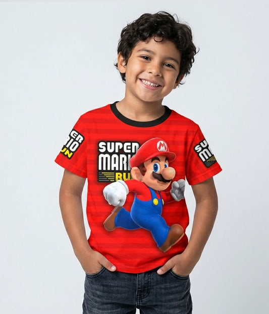Camiseta negra de algodón para niños con diseño de Mario Bros corriendo en un nivel clásico de videojuego.