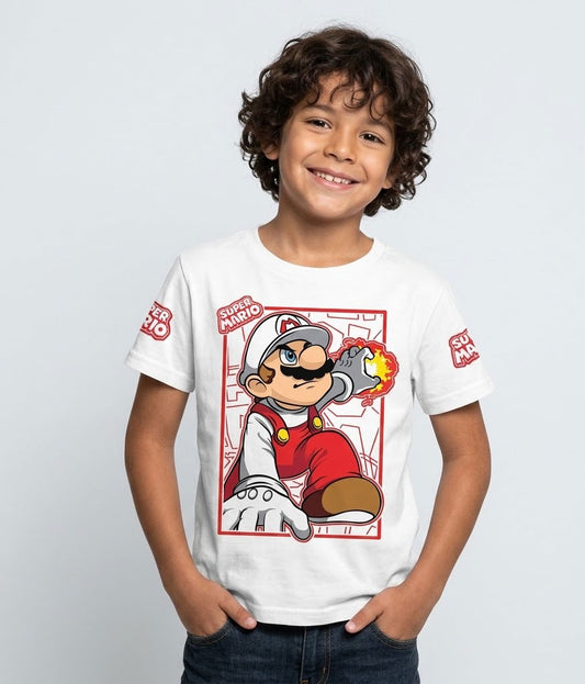 Camiseta negra de algodón para niños con diseño de Mario Bros transformado en Fire Mario lanzando una bola de fuego.