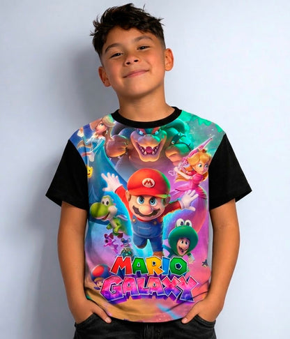Camiseta negra para niños con diseño oficial inspirado en Mario Galaxy para la nueva película de Super Mario Bros 2026
