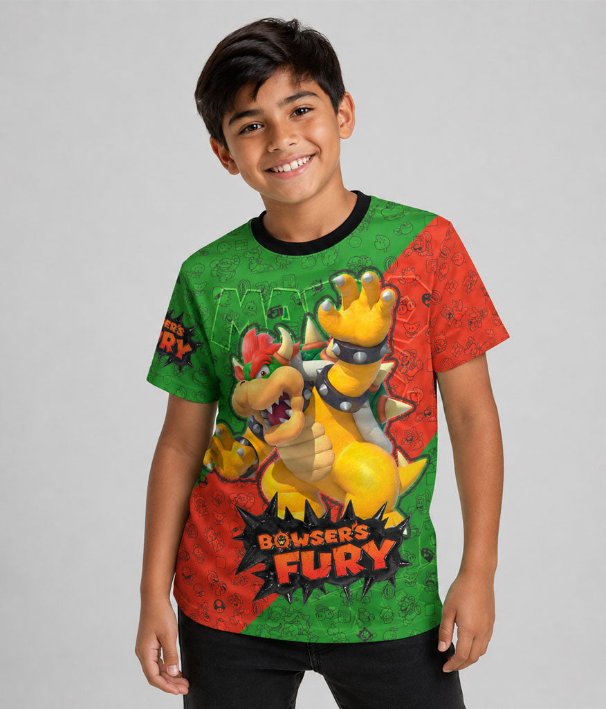 Camiseta negra de algodón para niños con el diseño gráfico de Bowser, el villano de Super Mario Bros, en pose de batalla.