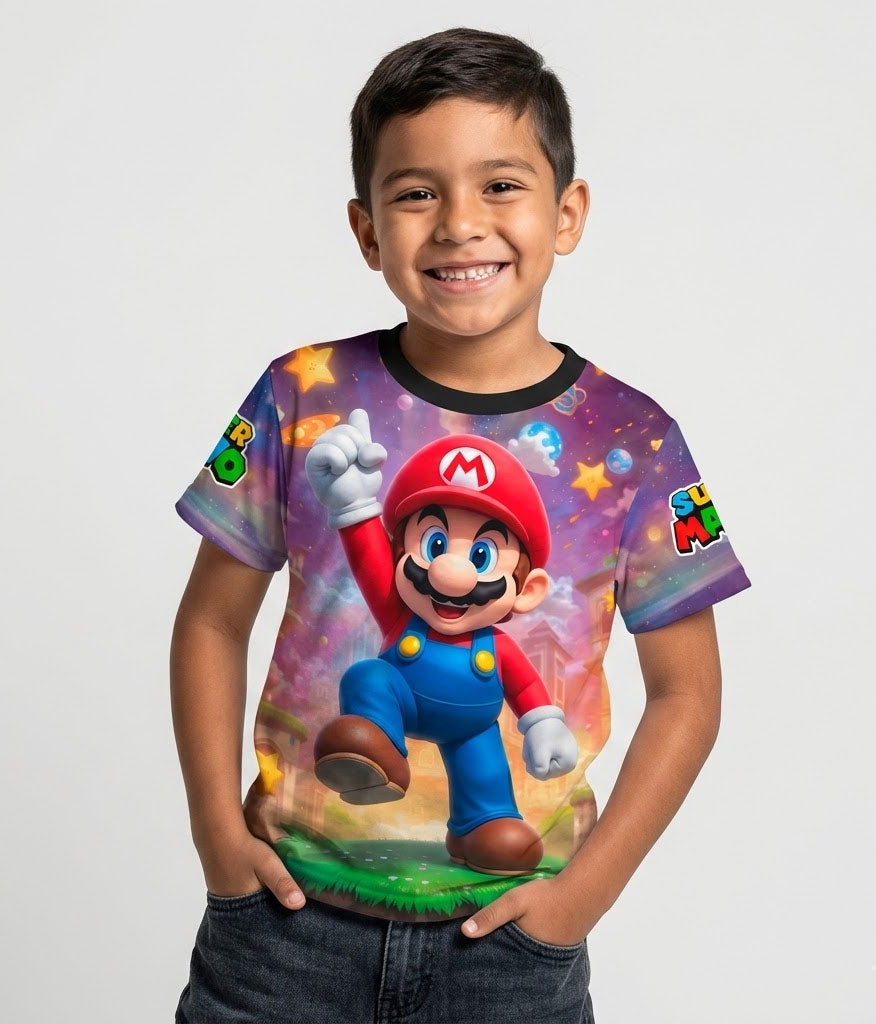 Camiseta negra de algodón para niños con diseño artístico detallado de Super Mario Bros en alta resolución.