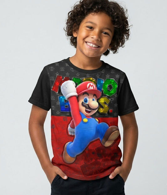 Camiseta negra de algodón para niños con diseño de Super Mario Bros en su clásica pose de salto.