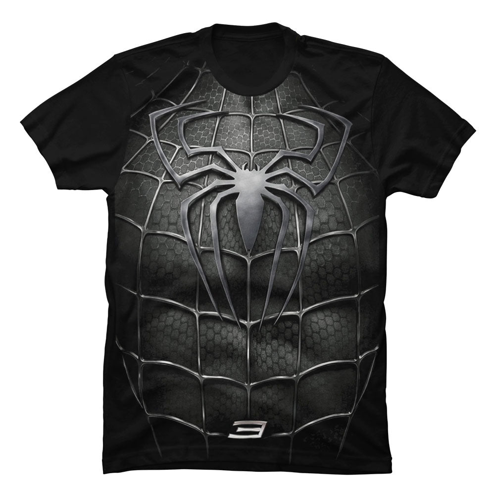Camiseta negra en Tela Piel de Durazno 180grs con diseño impreso del emblema blanco del traje negro de Spiderman.