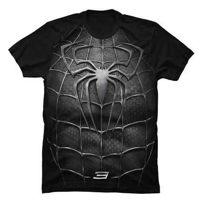 Camiseta negra en Tela Piel de Durazno 180grs con diseño impreso del emblema blanco del traje negro de Spiderman.