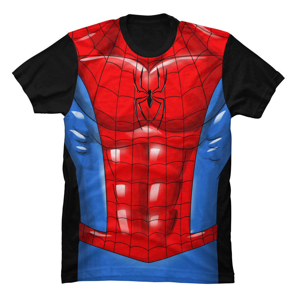 Camiseta en Tela Piel de Durazno 180grs con estampado hiperrealista del traje rojo y azul de Spiderman Marvel