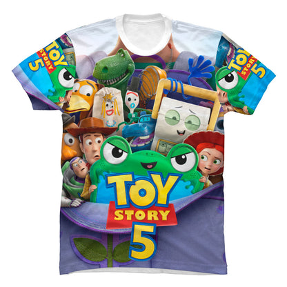 Primer plano del estampado de alta calidad de Toy Story 5, colores vibrantes que no se caen con el lavado