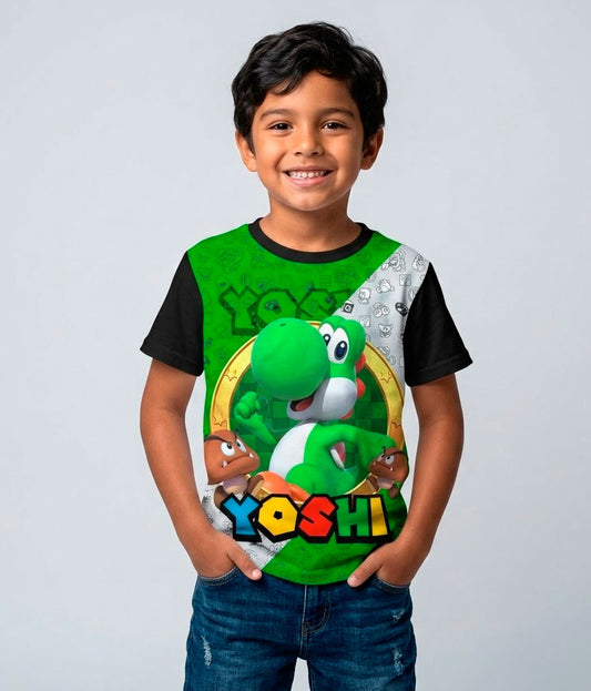 Niño gamer vistiendo la camiseta de Yoshi Super Mario Galaxy de la tienda La Camiseta.