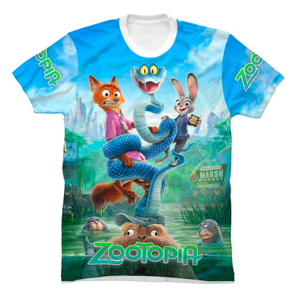Camiseta blanca en Tela Piel de Durazno 180grs con diseño gráfico a color de la serpiente Gary de la película Zootopia 2
