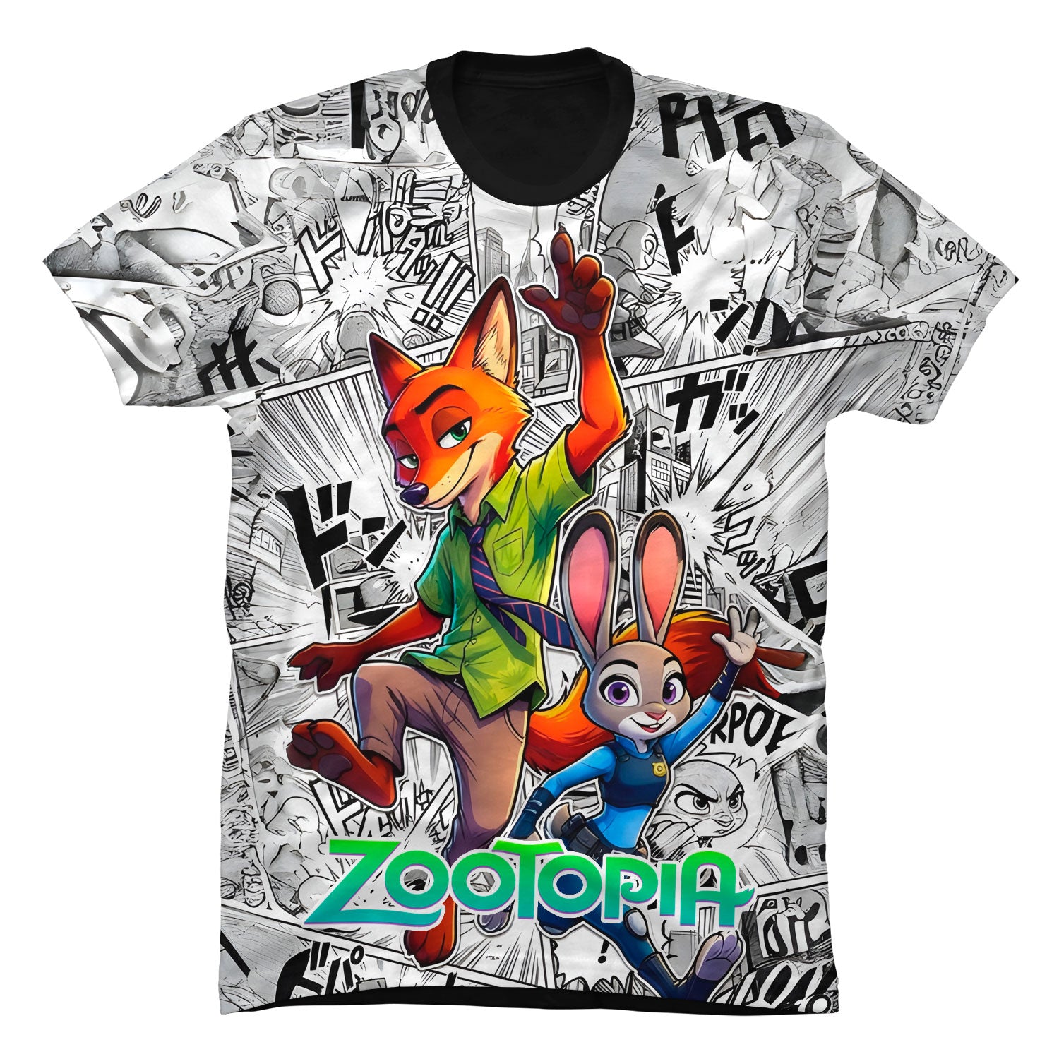 Camiseta negra en Tela Piel de Durazno 180grs con diseño gráfico estampado a color de los personajes Nick Wilde y Judy Hopps de Zootopia