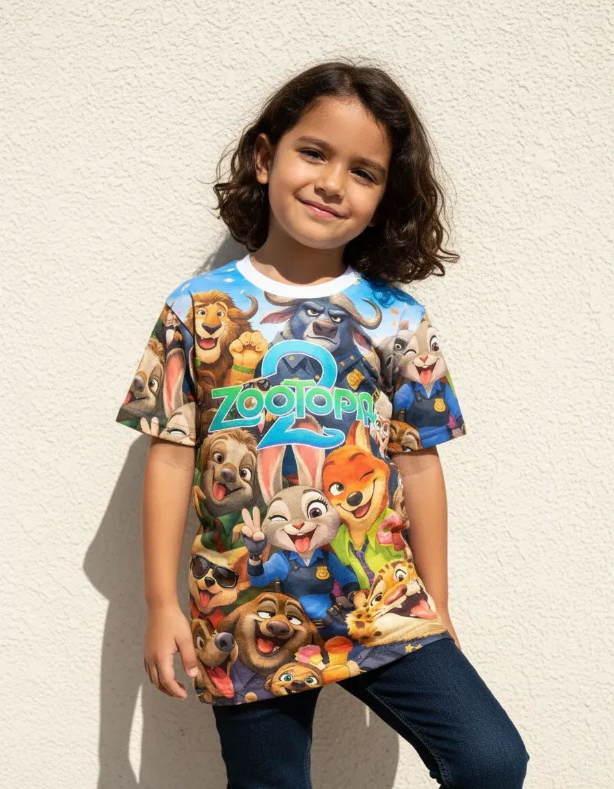 Niño usando de forma casual la camiseta de la película Zootopia 2, mostrando un look moderno, cómodo y fresco para sus actividades cotidianas
