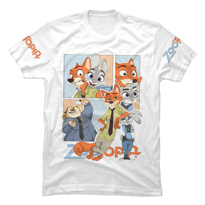 Camiseta blanca en Tela Piel de Durazno 180grs con diseño gráfico a color de acción de Judy Hopps y Nick Wilde estilo Dupla Explosiva