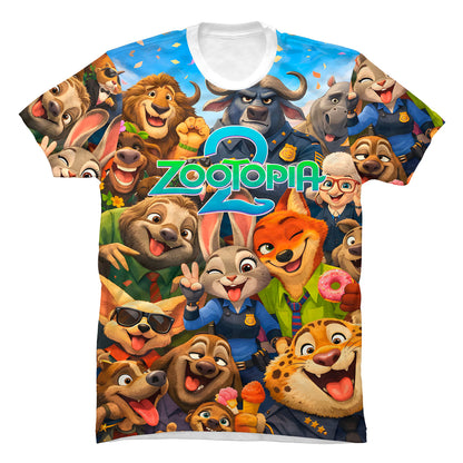 Camiseta blanca en Tela Piel de Durazno 180grs con diseño gráfico a todo color de Judy Hopps, Nick Wilde y los personajes de Zootopia 2