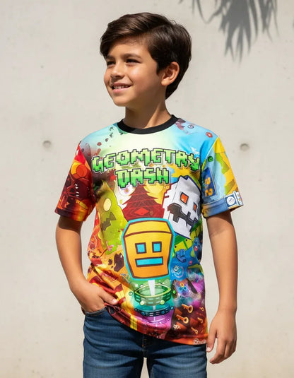 Camiseta negra para niños en tela piel de durazno con estampado del videojuego Geometry Dash en Colombia