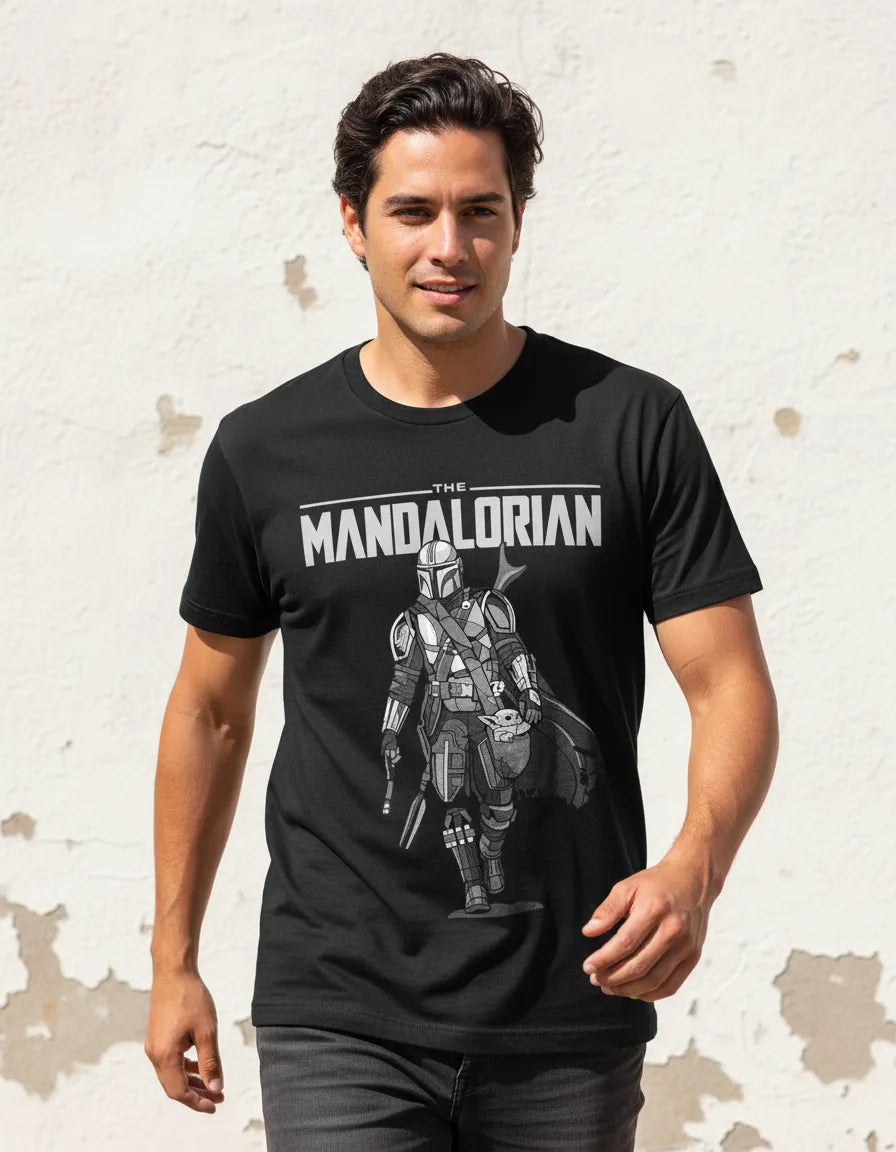Joven luciendo la camiseta urbana de The Mandalorian con un estilo moderno de corte streetwear