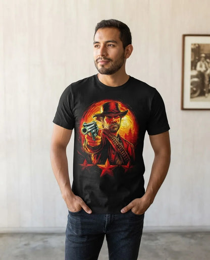 Modelo luciendo la Camiseta Vaquero Red Dead Redemption en un outfit urbano streetwear.