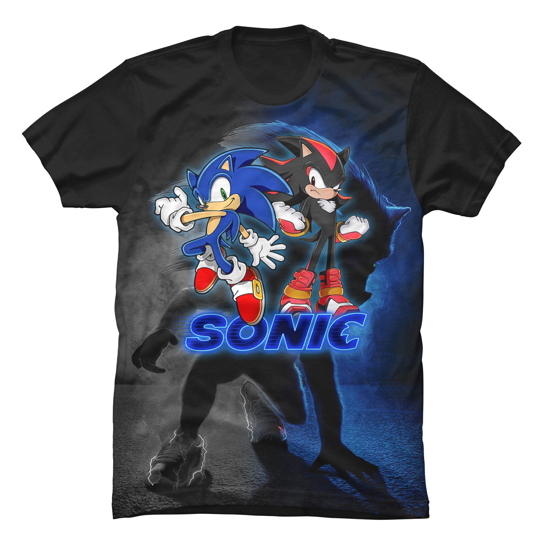 Camiseta negra de algodón con diseño gráfico de Sonic the Hedgehog y Shadow el Erizo posando como amigos.