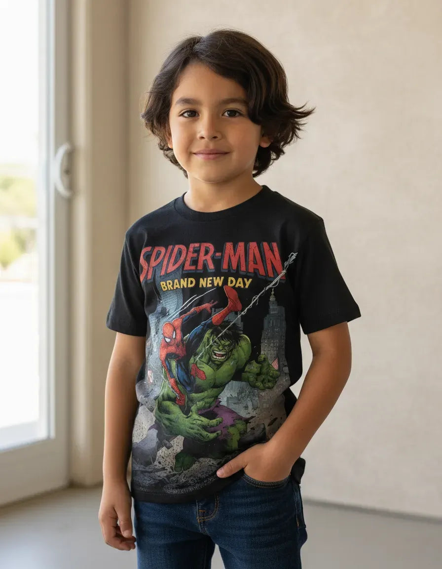 Modelo luciendo la camiseta urbana de Spider-Man y Hulk, mostrando un outfit streetwear moderno y cómodo